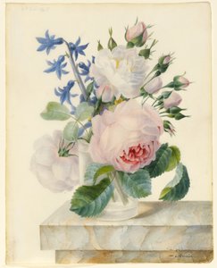 Vase Containing a Centifolia and an Alba Rose, with Buds and a Hyacinth on a Marble Parapet